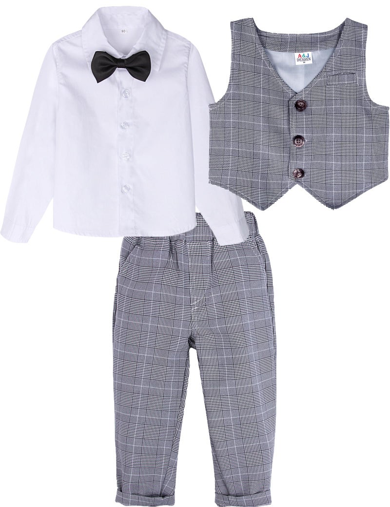 A&J DESIGN Toddler Suit Boys Gentleman Wedding Formal Ring Bearer Plaid Outfit Dress Clothes Tuxedo Set Light Gray 2-3T - Image 2